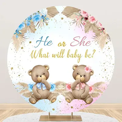 Boho Floral Leaves Bear Round Gender Reveal Backdrop - Aperturee