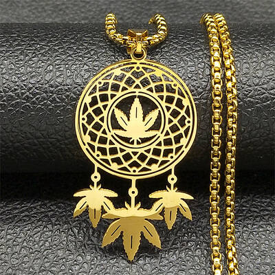 304 Stainless Steel Woven Web/Net with Leaf Pendant Necklaces