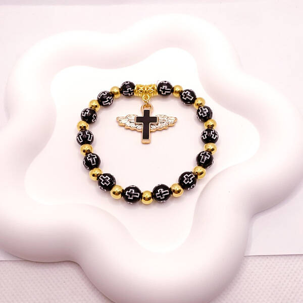 Acrylic Round with Cross Beaded Stretch Bracelets with Cross Charms