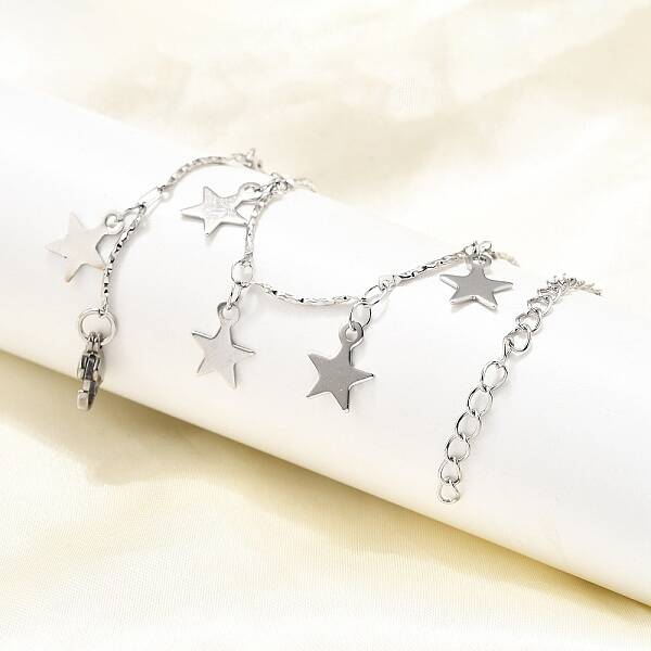 304 Stainless Steel Textured Link Bar Star Charm Tassel Necklaces