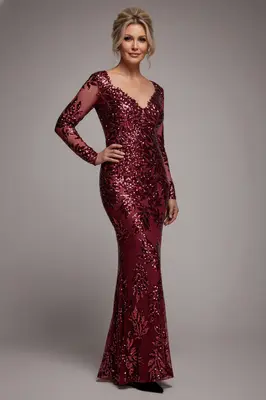 Goddiva Sequin Leaf Long Sleeve Maxi Dress - Burgundy
