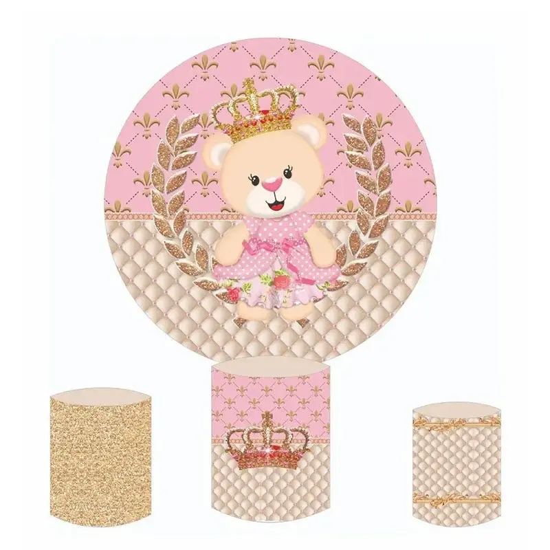 Aperturee Pink Glitter Teddy Bear Round Birthday Backdrop Kit | Birthday Round Backdrop Cover | Round Party Backdrop | Circle...