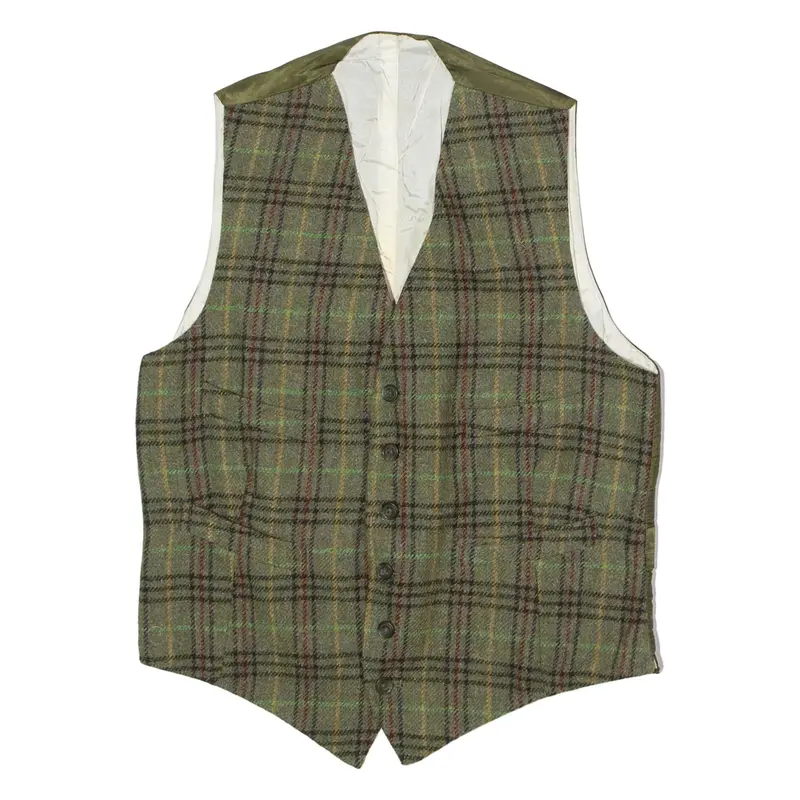 Mens Blazer Waistcoat Green Tweed Wool 90s Check XS