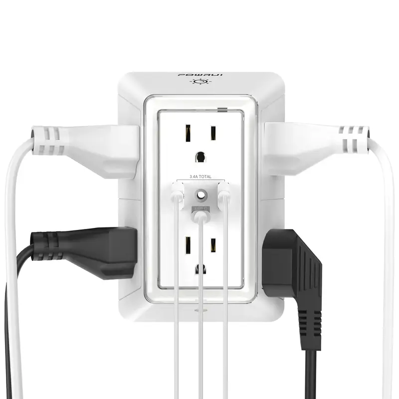 Multi Plug Outlet Surge Protector - POWRUI 6 Outlet Extender with 3 USB Ports (1 USB C) and Night Light, 3-Sided Power Strip ...