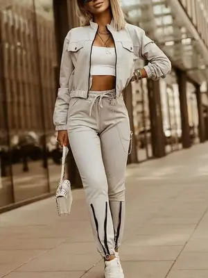 Two-piece Set Women's Solid Color Pocket Zip Up Crop Jacket & Drawstring Waist Pants, Casual Funnel Neck Long Sleeve Outerwea...