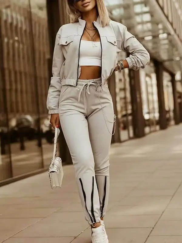 Two-piece Set Women's Solid Color Pocket Zip Up Crop Jacket & Drawstring Waist Pants, Casual Funnel Neck Long Sleeve Outerwea...