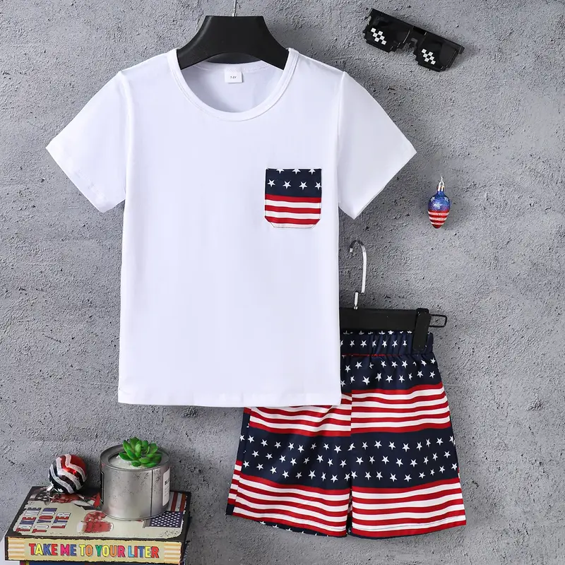 Ready Stock Kid Boys 4th of July Outfits Fake Pocket Casual T-shirt Elastic Stars and Stripes Shorts 2Pcs Independence Day Cl...