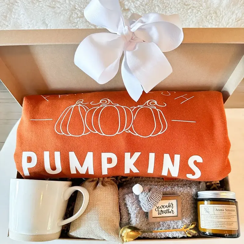 Fall Gift Box Pumpkin Sweatshirt Orange Fall Sweatshirt Gift for Her Fall Gift Basket Halloween Girlfriend Gift Cozy Mug Cand...