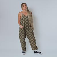 Women's Olive Mono Check Tank Romper - Comfortable and Stylish - Adjustable
