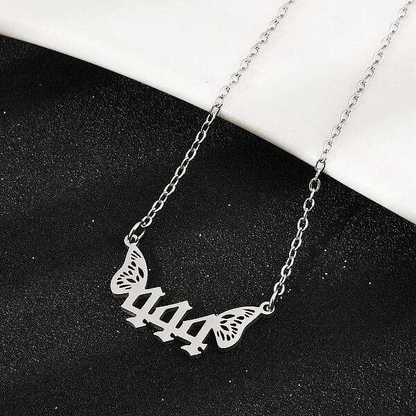 201 Stainless Steel Number 444 with Butterfly Wings Pendant Necklaces