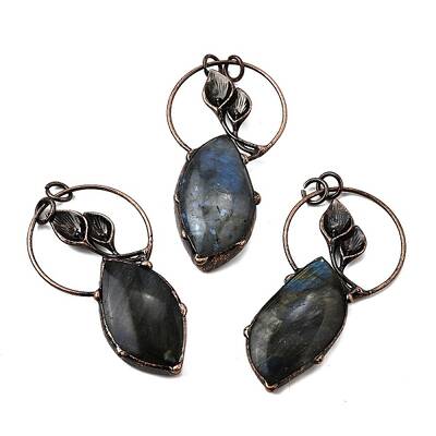 Brass Pave Natural Labradorite Feather Ring with Leaf Big Pendants