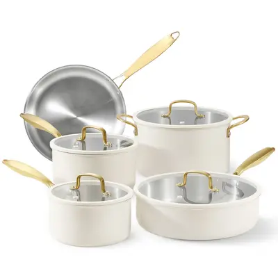 [Official] CAROTE 9pcs Pots and Pans Set, Stainless Steel , RV Cookware Set, Oven Safe, Stainless Steel Aluminium Frying Alum...