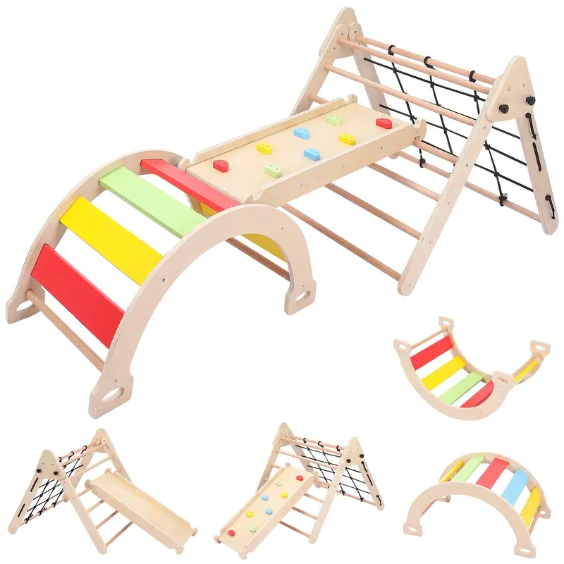 Garvee Toddler Indoor Gym Playset, 3 in 1 Wooden Climbing Toys, 3-Sided Wooden Triangle Climber with Climbing Net, Sliding Ra...