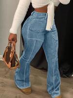 Women's Solid Pocket Flare Leg Jeans, Casual Comfy Denim Bell Bottom Trousers for Daily Wear, Ladies Bottoms for All Seasons,...
