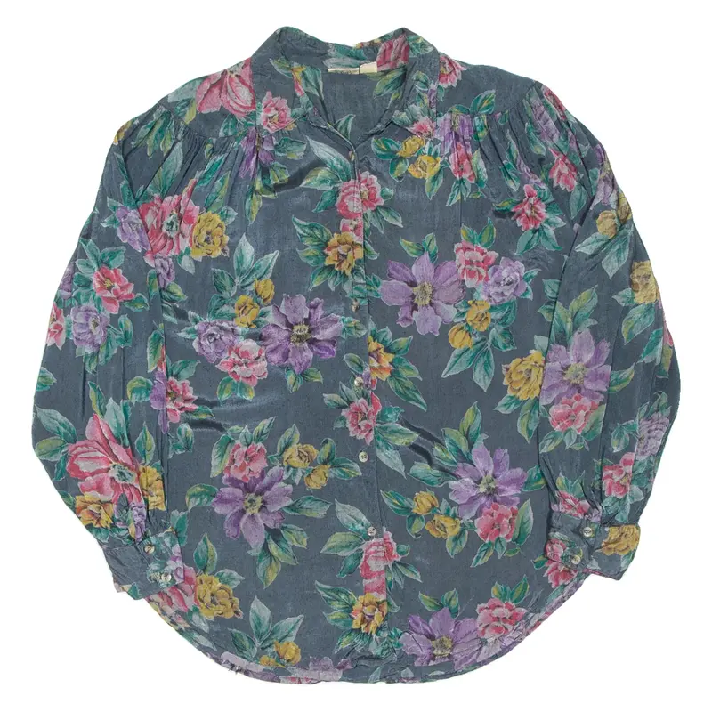 Womens Printed Blouse Blue Collared Long Sleeve Viscose Floral UK 20