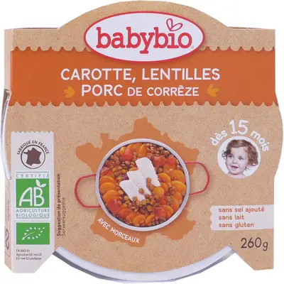 Babybio Noon Dish - 15 months and up - Carrot, Lentils, Pork - ORGANIC 260 g