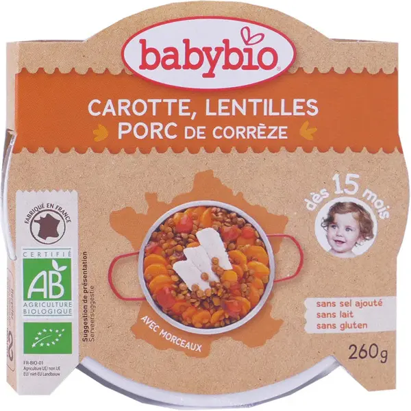 Babybio Noon Dish - 15 months and up - Carrot, Lentils, Pork - ORGANIC 260 g