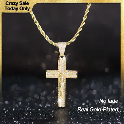 Holylegend 14K Real Gold-Plated Cross Necklace for Men, Advanced Nanotech Tarnish-Free Rope Miami Cuban Figaro Chains with Je...