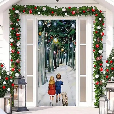Kits And Dog Forest Path Snow Christmas Door Cover - Aperturee