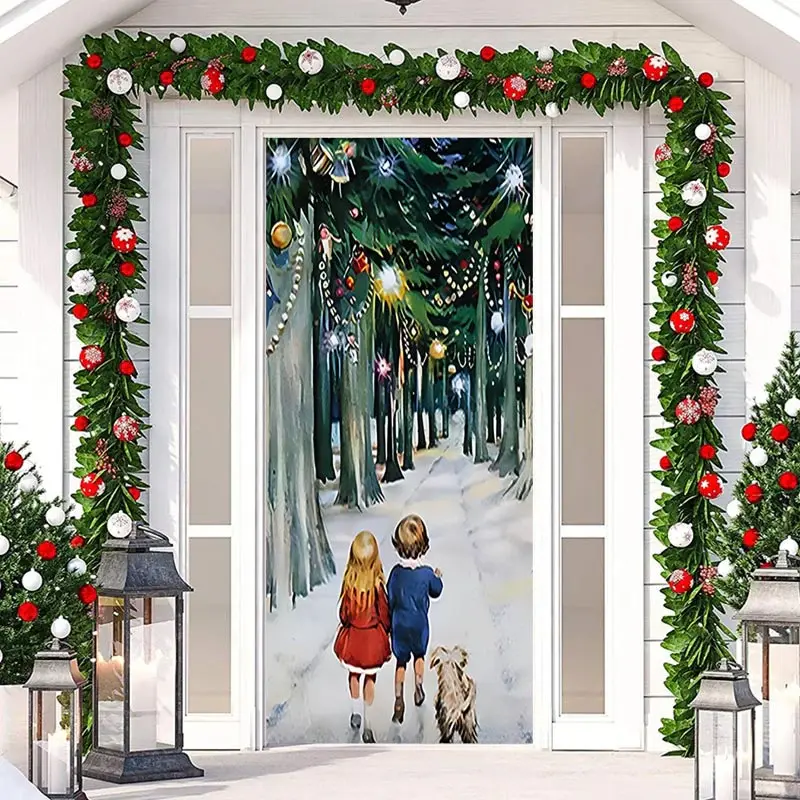 Kits And Dog Forest Path Snow Christmas Door Cover - Aperturee