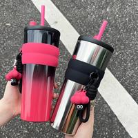 24oz Stainless Steel Vacuum Flask Bottle, 1 Count Portable Leak Proof Vacuum Flask with Straw & Lid, Drinking Cup for Home Of...