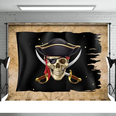 Scared Black Pirate Ship Birthday Party Backdrop - Aperturee