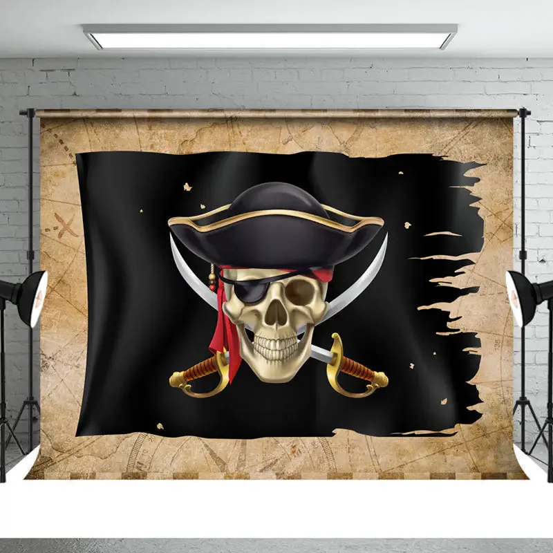 Scared Black Pirate Ship Birthday Party Backdrop - Aperturee