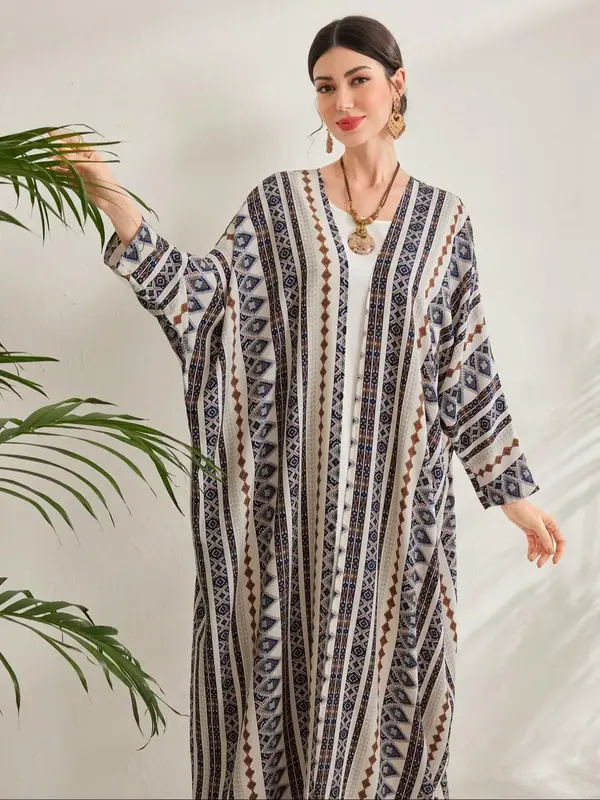 Women's All Over Print Long Sleeve Open Front Kimono, Casual Modest Printed Kimono Robe for Daily Wear, Ladies Islamic Clothi...