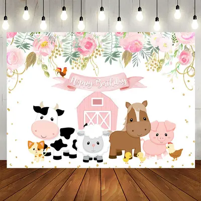 Aperturee Cartoon Animals Birthday Backdrop Girl Cake Table