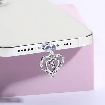 Rhinestone Heart Shaped Phone Charging Port Dust Plug, 1 Count Summer Phone Charging Port Dust Stopper for iPhone 15 16 Pro M...