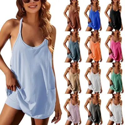 Naeduo Women's Summer Sleeveless Mini Coco Dress Athletic Dress Spaghetti Strap Short Tennis Dress with Pockets