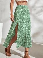 Women's Ditsy Floral Print Slit Hem Skirt, Elegant Boho Long Skirt for Holiday Vacation, Ladies Summer Clothes, Womenswear, B...