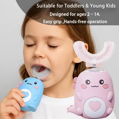 Kids U Shaped Electric Toothbrush with 3 Brush Heads, Sonic Toothbrush Kids with 5 Modes, Cartoon Dinosaur 360-Degree Cleanin...