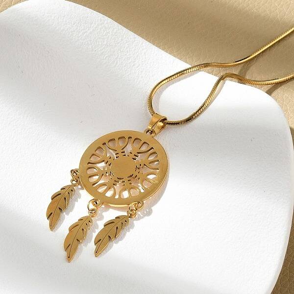 Bohemian 304 Stainless Steel Snowflake Woven Web/Net with Feather Pendant Necklaces