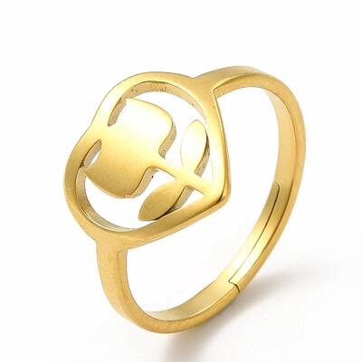 Ion Plating(IP) 304 Stainless Steel Heart with Flower Adjustable Ring for Women