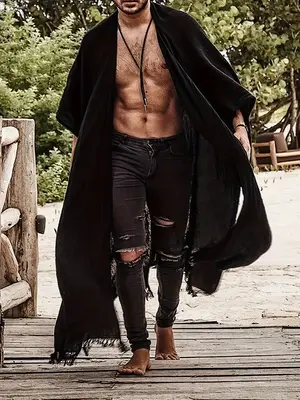 Men's Black Kimono Robe Casual Open Front Long Cardigan Tassel Robe Shawl Collar Lightweight Drape Cape Summer Loose Beach Lo...