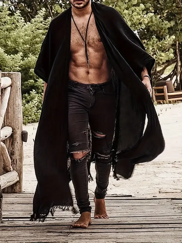 Men's Black Kimono Robe Casual Open Front Long Cardigan Tassel Robe Shawl Collar Lightweight Drape Cape Summer Loose Beach Lo...