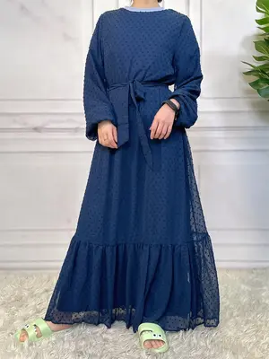 Women's Plain Swiss Dot Belted Ruffle Hem Chiffon Dress, Elegant Round Neck Long Sleeve Dress for Daily Wear, Ladies Islamic ...