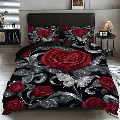 Rose & Butterfly Print Duvet Cover Set, 3 Counts/set Including 1 Duvet Cover & 2 Pillowcase without Filler, Soft Comfortable ...