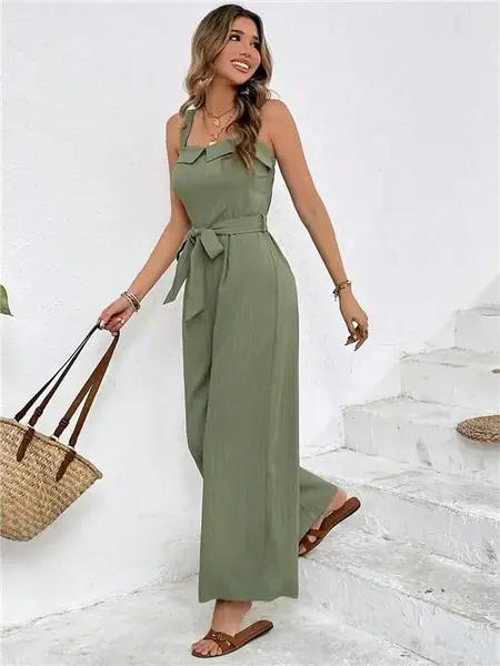 Women's Solid Color Tie-Waist Wide-Leg Jumpsuit, Summer Outfits ,Vacation, Sage Green ,Jumpsuit With Turn-Over Neckline And T...