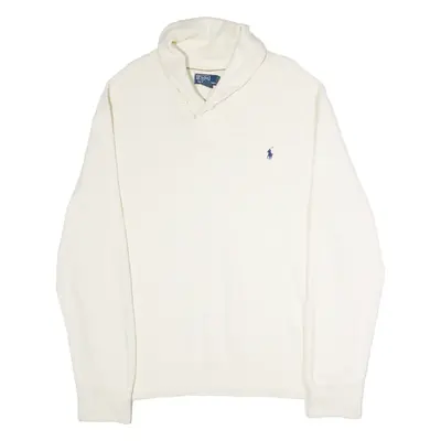 POLO RALPH LAUREN Shawl Collar Mens Jumper White Button Neck Tight Knit XL