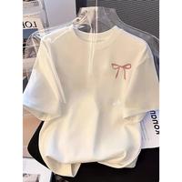 Women's Casual Round Neck with Cute Pink Bow Print Loose Fit Short Sleeve Cotton T-Shirt for Summe