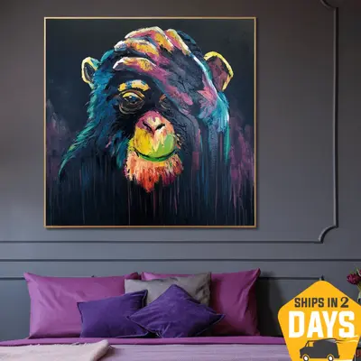 Original Abstract Monkey Oil Painting on Canvas Colorful Monkey Art Textured Painting Modern Creative Art | FACEPALM 32"...