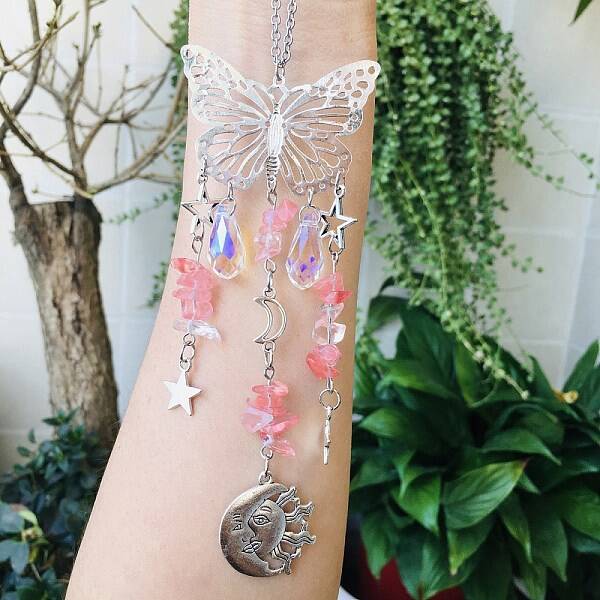 Watermelon Stone Glass Butterfly Hanging Suncatcher Pendant Decoration