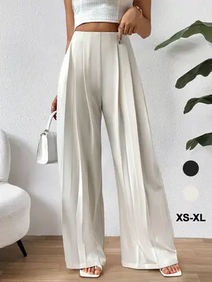 Women's Solid High Waist Wide Leg Pants, Comfort Mufti Clothes, Elegant High Rise Pleated Trousers for Spring & Fall, Fashion...