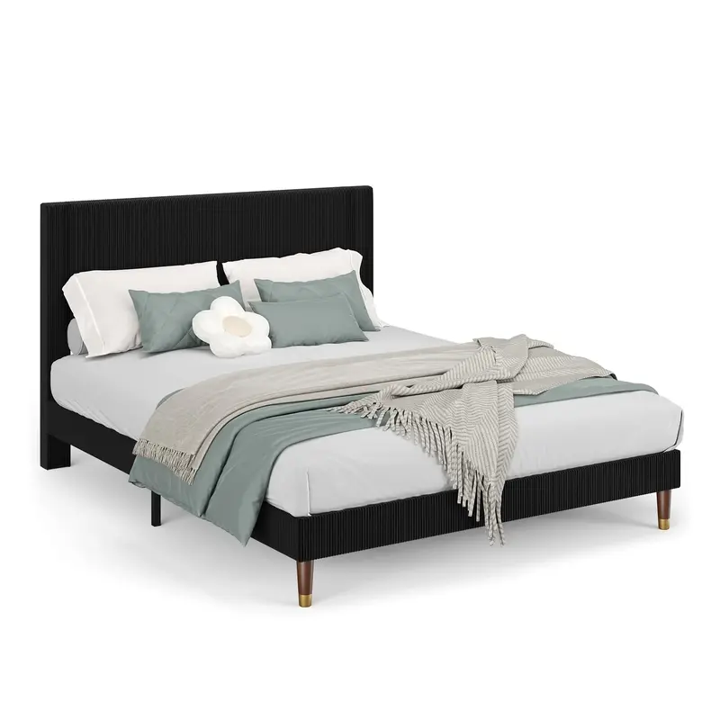 Garvee Full Bed Frame with Headboard, Corduroy Upholstered Platform Bed with Wooden Slats Support - No Box Spring Needed & No...