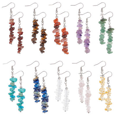 10 Pairs 10 Style Natural & Synthetic Mixed Gemstone Chips Beaded Dangle Earrings for Women