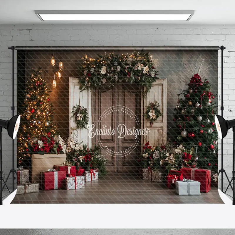 Aperturee Retro Door Trees Gifts Festive Christmas Backdrop | Diy Christmas Backdrop | Christmas Photoshoot Backgrounds | Chr...