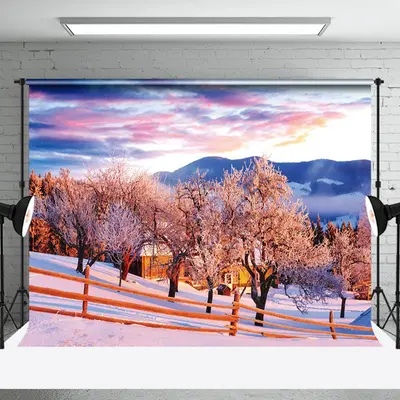 Sunset Snowy Tree House Winter Photography Backdrop - Aperturee