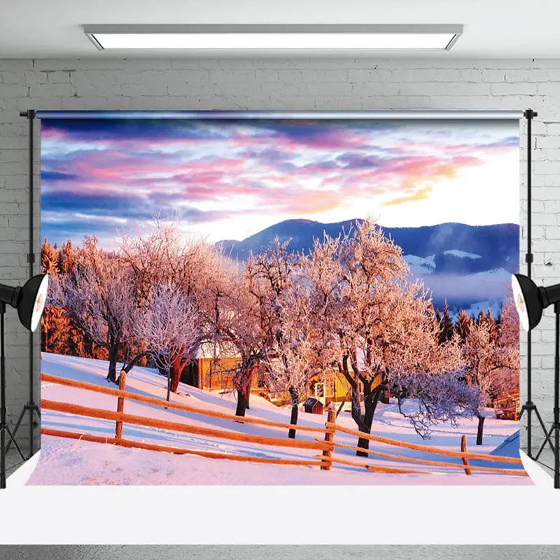 Sunset Snowy Tree House Winter Photography Backdrop - Aperturee